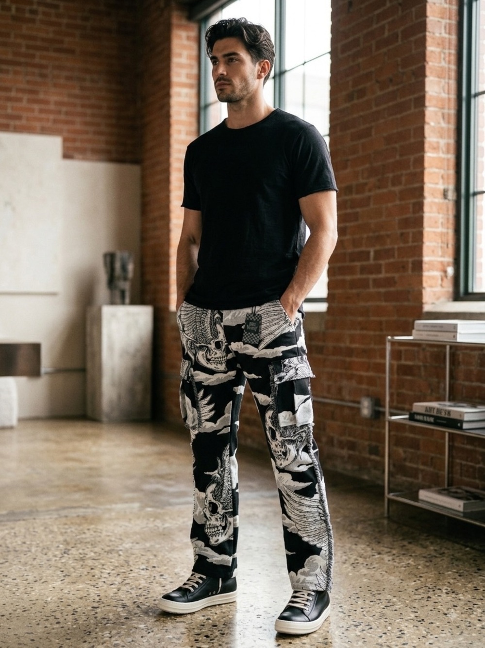 Rebel Vengeance Tapestry Skull Cargo Pants Men's Size 30 Black White Grunge Y2K